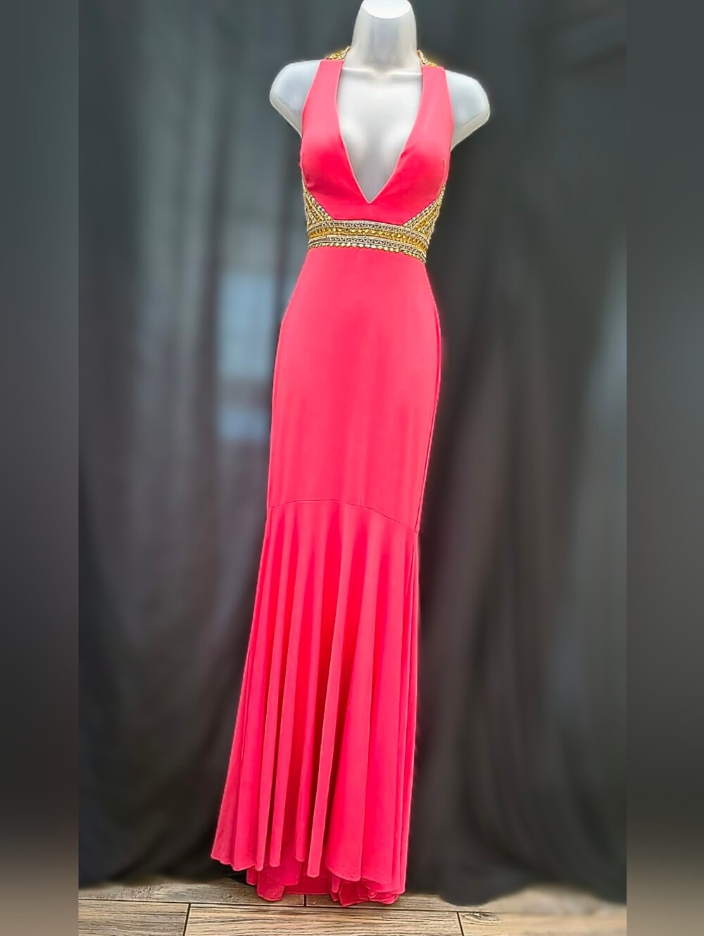 Coral Deep V-Neck Mermaid Evening Gown